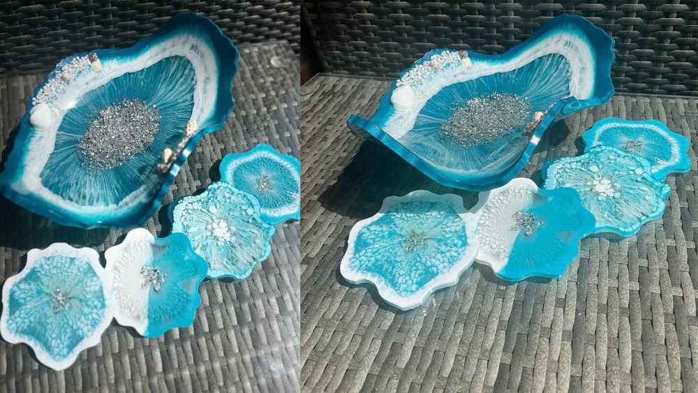 Handmade glitter and resin bowl and coasters set