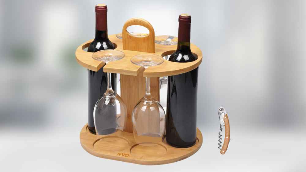 Wooden handmade wine stand with corkscrew and a personalized engraving