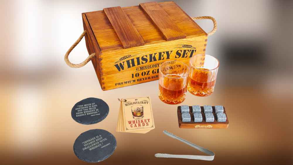 Whiskey decanter and stones gift set including stainless steel whiskey cubes