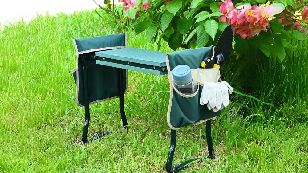 Garden kneeler and seat with six garden tools, pouches, and gloves