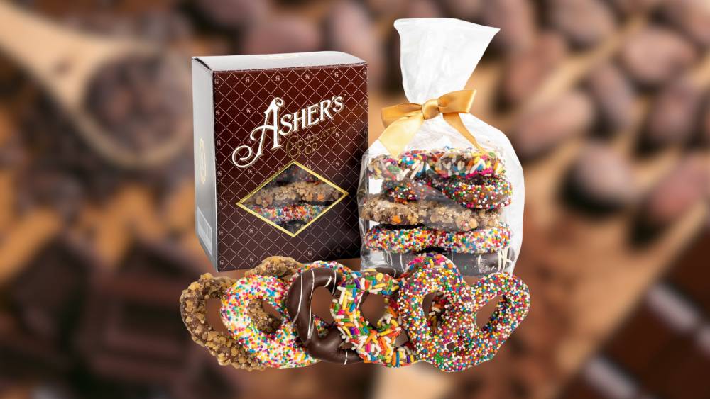 Chocolate-covered pretzels gift basket with delicious treats