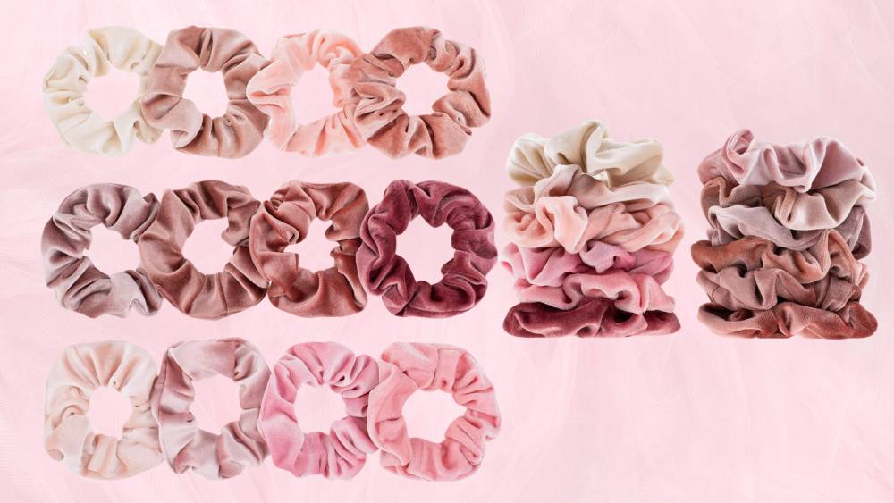 12 velvet scrunchies in a pink theme