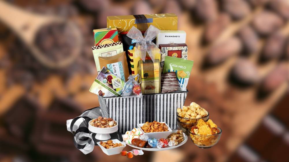 Sweets and chocolate gift basket with goodies