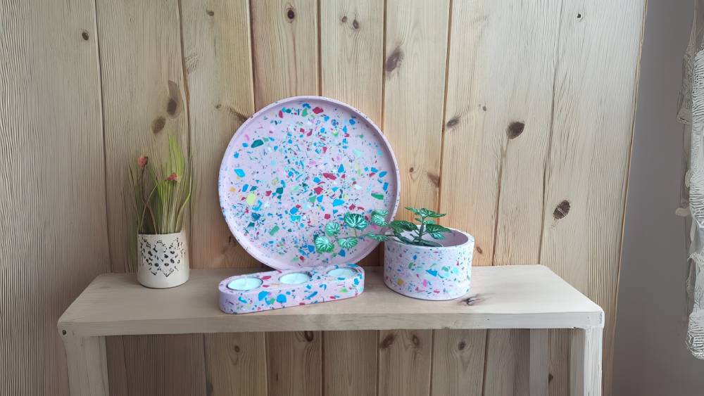 Pink pot with with multi-colored terrazzo