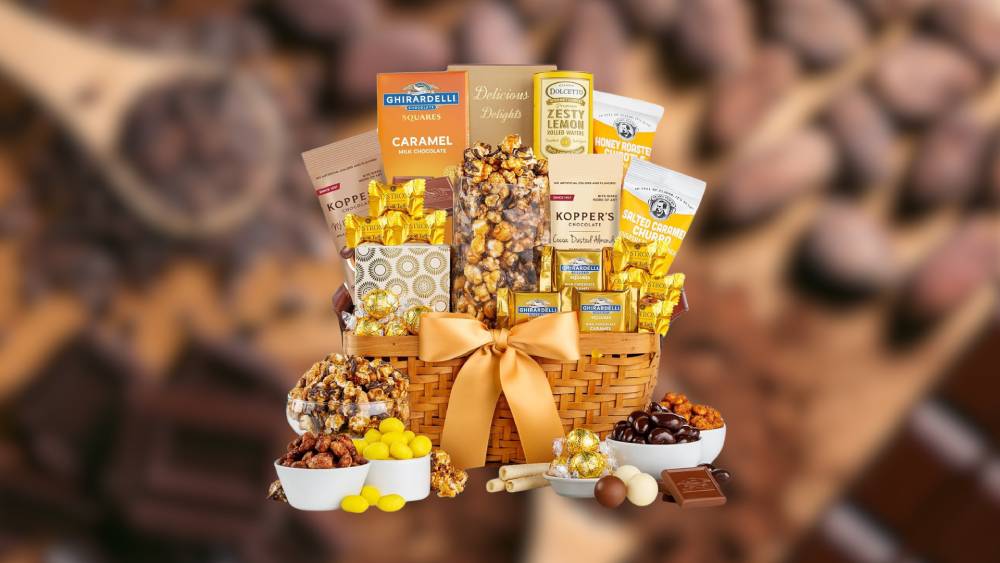Good As Gold gourmet gift basket with snacks