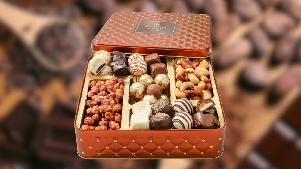 Snack assortment gift basket with delicious chocolates