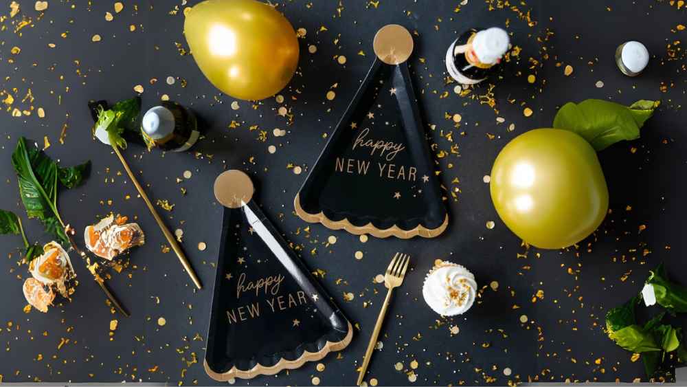 Festive New Year hat-shaped party plates