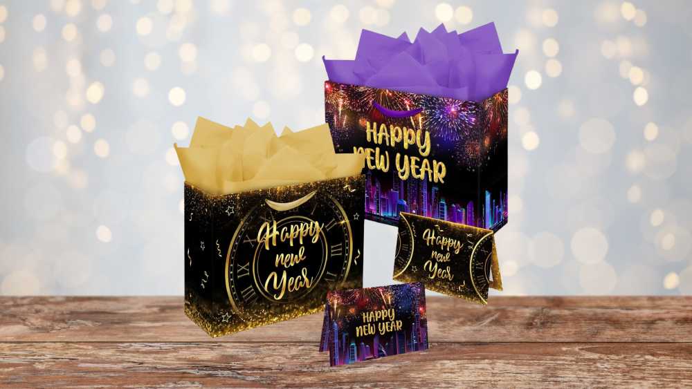 New year Gift Bags with Cards and Tissue Paper