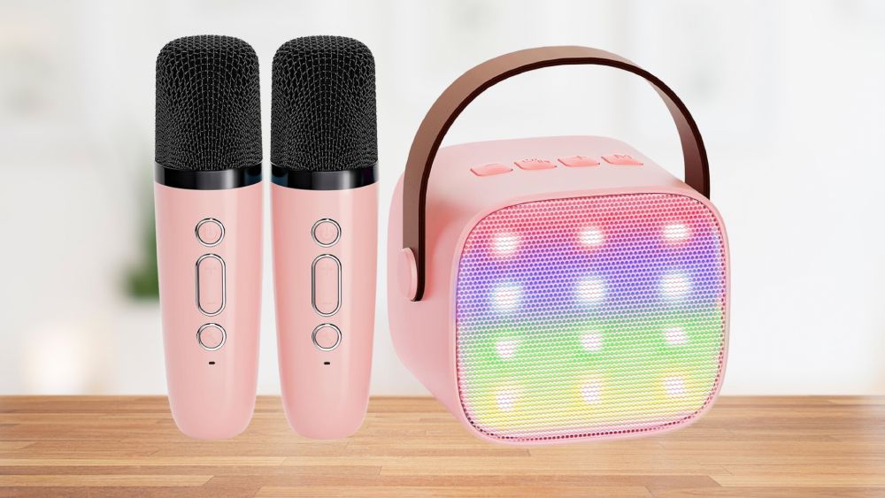 Pink mini portable speaker with microphone