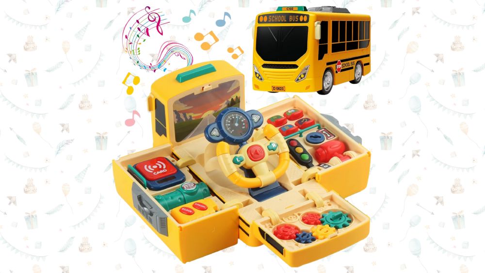 School bus toy with steering wheel