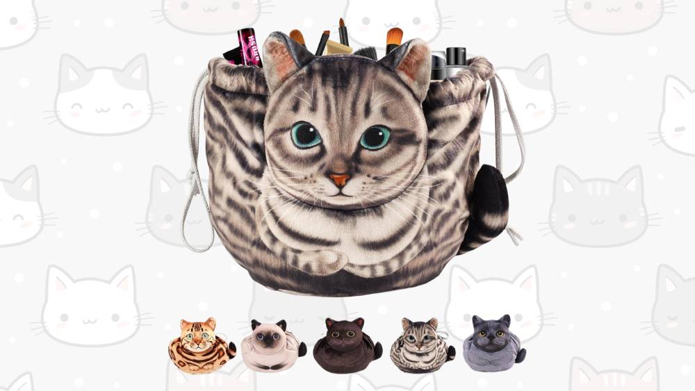 Cat-themed drawstring makeup bag