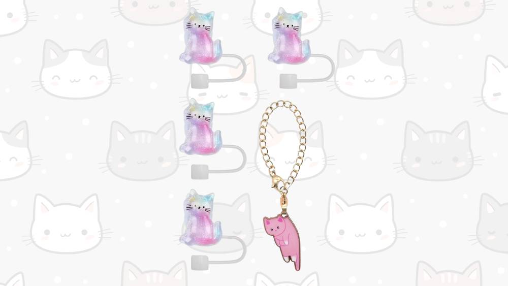 Glittery rainbow cat straw toppers