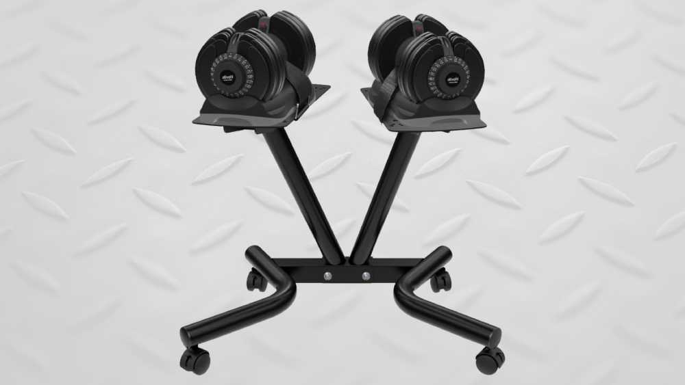 Adjustable dumbbell stand with sleek design.