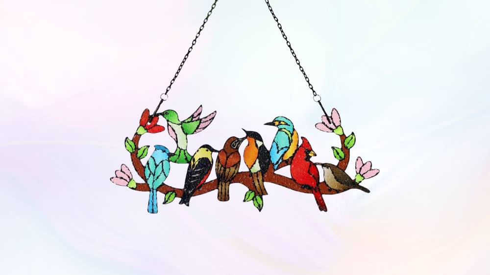 Birds on Branch Stained Glass Suncatcher