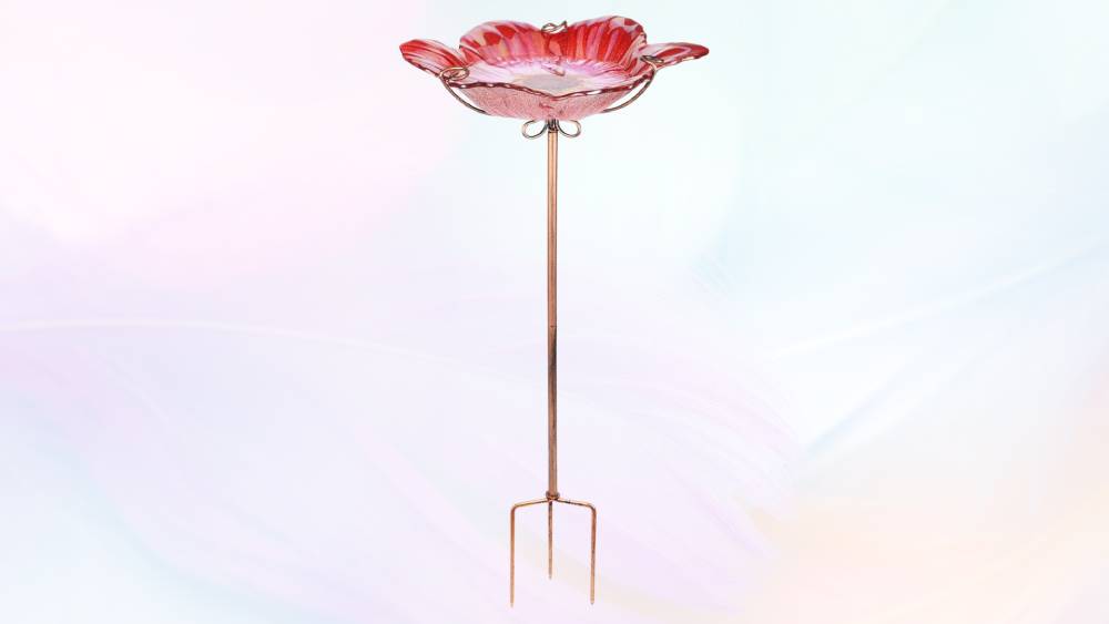 Red flower Outdoor Glass Bird Bath