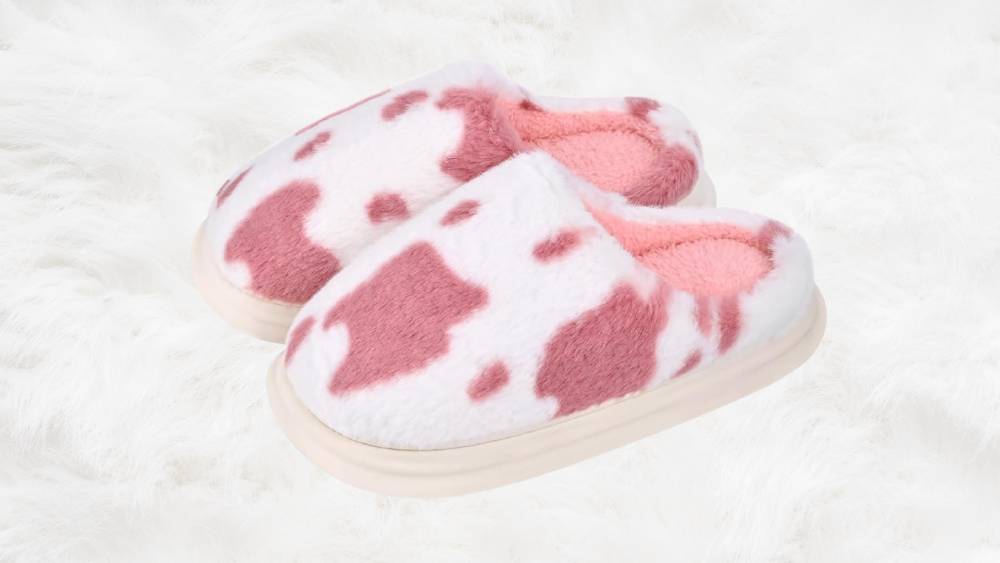 Pink Cow Print Fuzzy Slippers