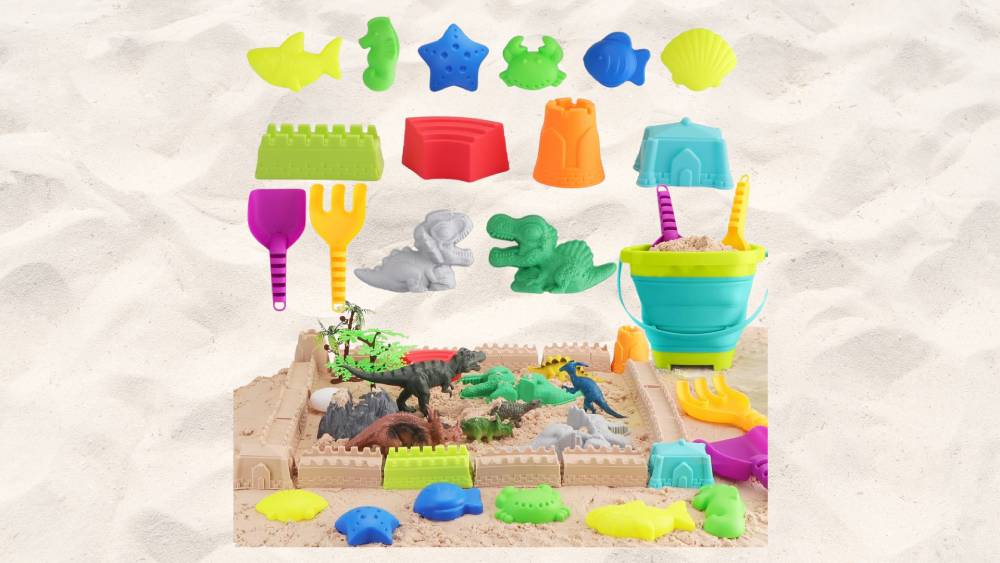 Dinosaur sand toys with collapsible bucket