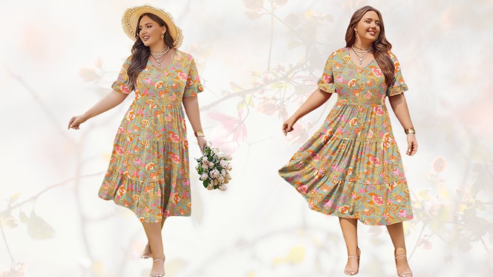 Midi Casual Tiered V-Neck Flowy Loose Dress