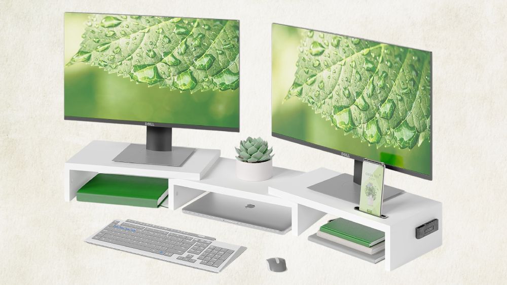 Dual monitor stand for workspace organization