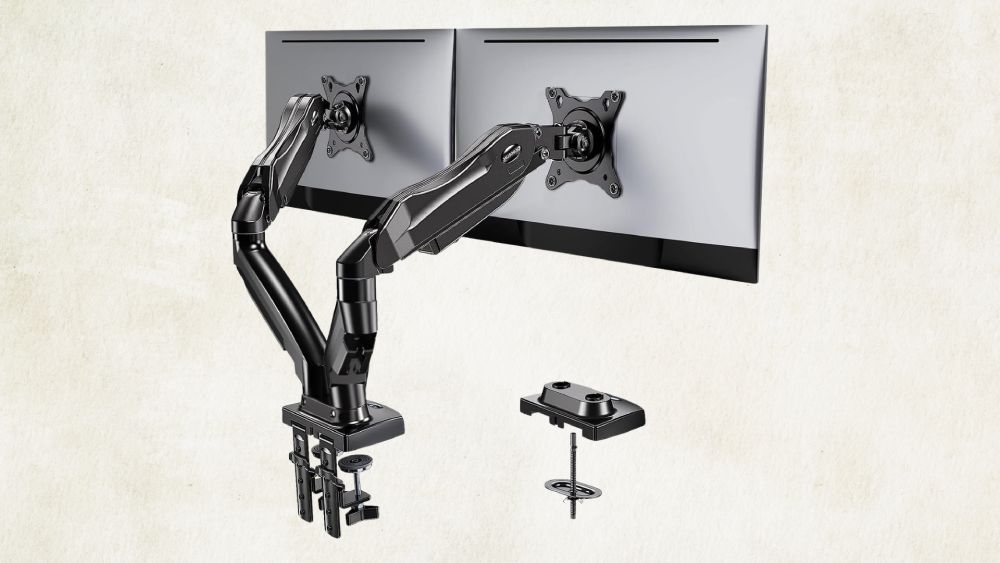 Dual monitor stand supports two screens